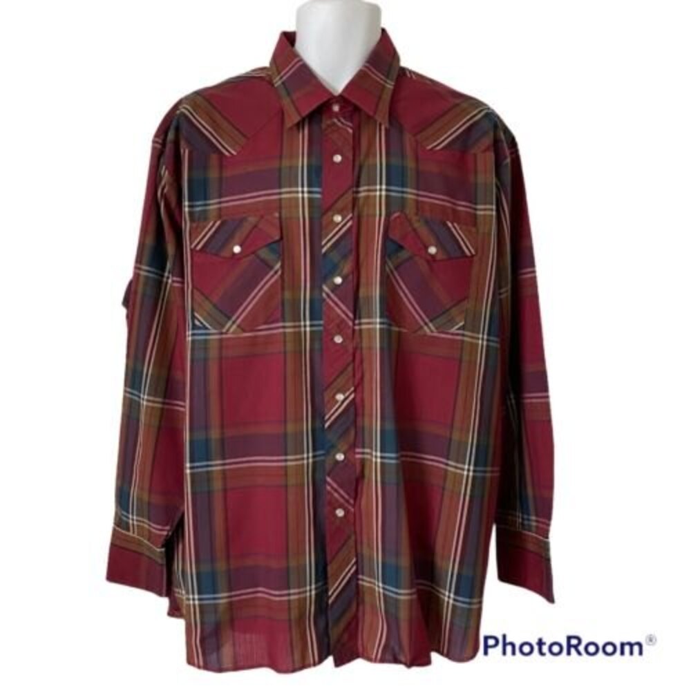 Wrangler Men's Western Shirt 2X Pearl Snap Plaid Maroon Cowboy Rodeo